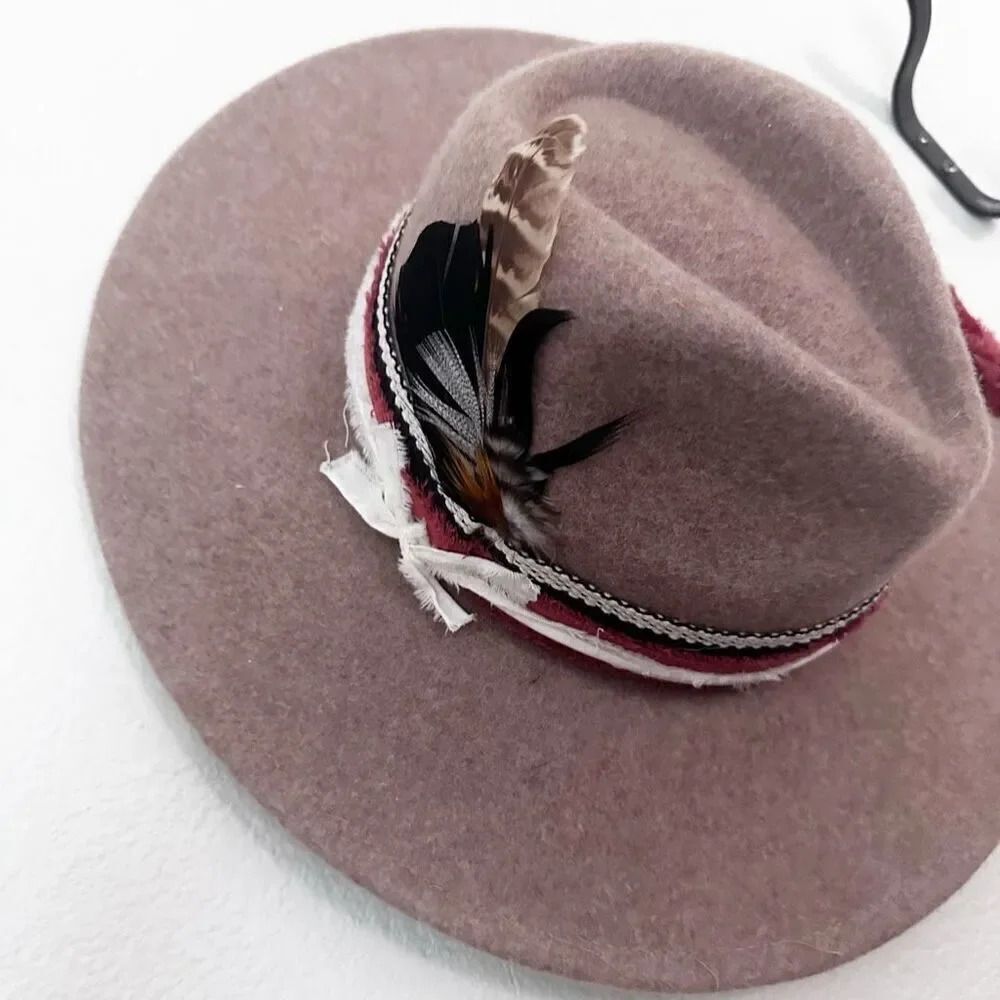 BESPOKE CLOTHING | Artisan Handmade Wool Fedoral Hat Tan Orange Cream Feather